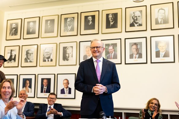 Prime Minister Anthony Albanese addressing Labor caucus on Friday morning. 