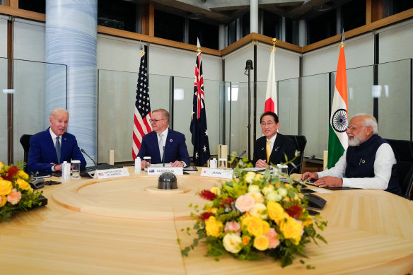 Leaders of the Quad meet on the sidelines of the G7 summit on Saturday. 