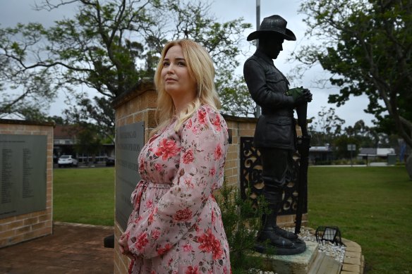 Jess Taylor at the war memorial in Warragamba where her husband’s name is listed. 