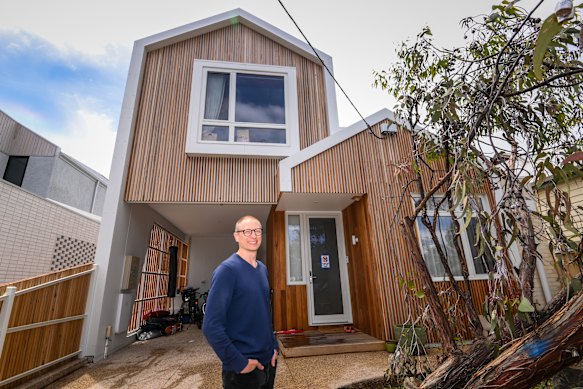 Ben Schrever outside his prefab home. “The quality has been awesome.”