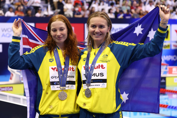 Mollie O’Callaghan (gold) and Ariarne Titmus (silver) after the women’s 200m freestyle final at the world championships. 