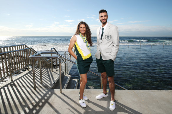 Jessica Fox and Safwan Khalil during the launch at Wylie’s Bath in Sydney.