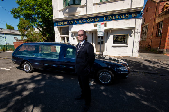 Nigel Davies, managing director of Melbourne’s oldest surviving funeral parlour, outside the historic building on Queens Parade in 2022. 