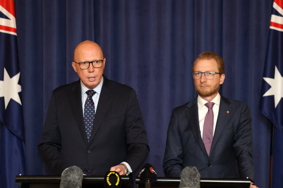 Opposition Leader Peter Dutton, with opposition home affairs spokesperson James Paterson, at the press conference.