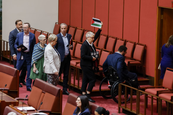 Greens senators walk out of question time in a pro-Palestinian protest.