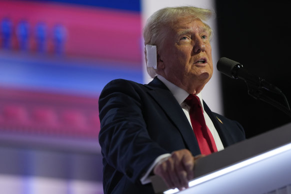 Republican presidential candidate and former president Donald Trump, speaks during the Republican National Convention.