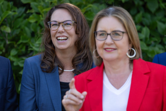 Victorian Premier Jacinta Allan (right) speaks to the media after Jaclyn Symes was sworn in as the state’s new treasurer.