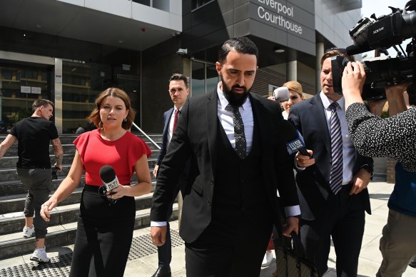 Lawyer Mohamad Sakr, representing Nicholas Thew, leaves Liverpool Courthouse.
