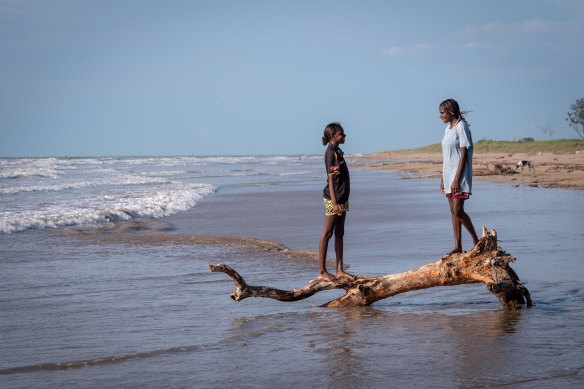 Relatives Vanessa Gondarra (left) and Sherelle Lalara travelled to Melbourne on a private school scholarship but returned home to Arnhem Land after 10 days.