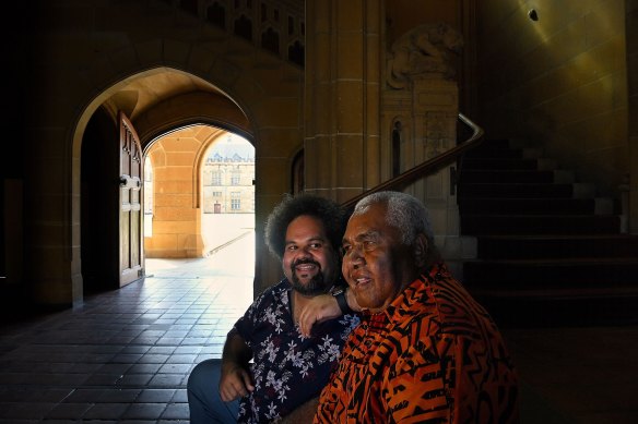 Australia’s first Pacifika professor, Professor Jioji Ravulo (left) with his father Jovesa Ravulo at the University of Sydney quadrangle.