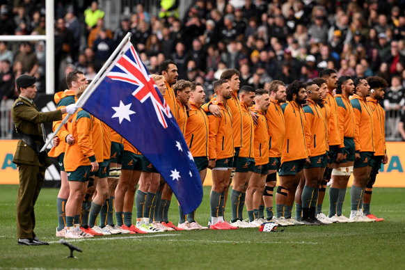 The Wallabies before Saturday’s Bledisloe Cup match against New Zealand in Dunedin. 