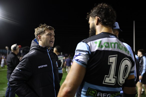Brailey talks to club and state teammate Addin Fonua-Blake after the Sharks’ win on Friday night.