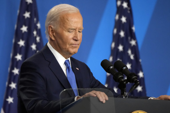 President Joe Biden pauses while he speaks at a news conference on the final day of the NATO summit in Washington.