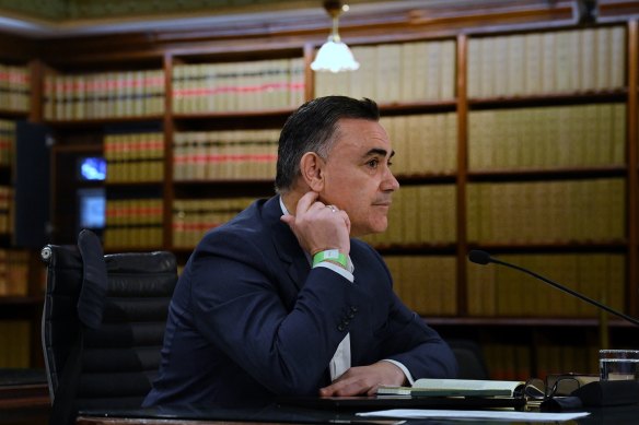 In the hot seat: John Barilaro gives evidence at state parliament on Monday. 