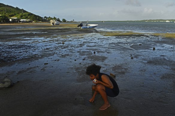 Kazuhiro Sagigim. 10, searches for crabs and shrimps on the shores of Thursday Island in the Torres Strait, qhwew islands are affected by climate change.  