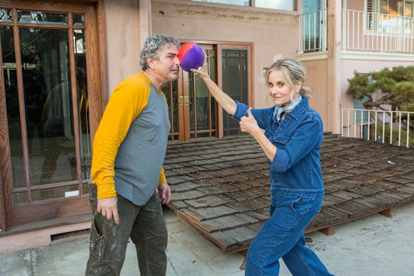 Christopher Knight (Peter) and Maureen McCormick (Marcia) during the Brady house renovation in 2019.