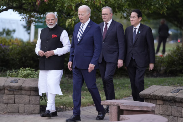 Biden, joined by Albanese, Indian Prime Minister Narendra Modi and Japanese Prime Minister Fumio Kishida, walks out to speak about a Quadrilateral Cancer Moonshot initiative on the sidelines of the summit.
