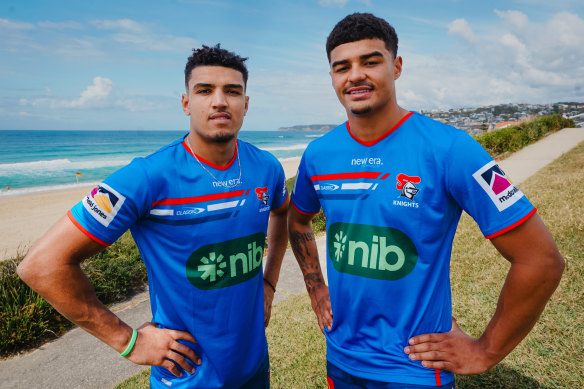 Newcastle Knights NRL recruits Kai Pearce-Paul and Will Pryce on Merewether Beach after arriving from England.