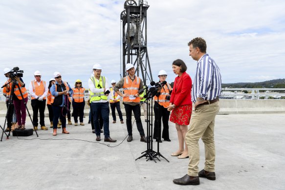 NSW Premier Gladys Berejiklian and Transport Minister Andrew Constance visit the new Batemans Bay bridge.