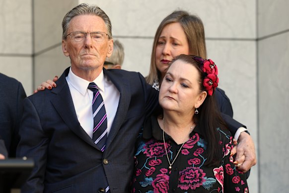 Wayne Holdsworth, Mia Bannister and Emma Mason during Prime Minister Anthony Albanese’s press conference at Parliament House in Canberra.