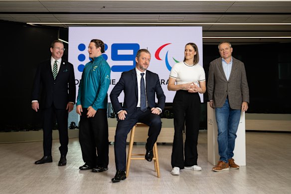 (Left to right): Cameron Murray, CEO Paralympics Australia, Ben Tudhope, Winter Paralympian, Andrew Parsons, President of the International Paralympic Committee, Ellie Cole, Paralympian, and Matt Stanton, Nine CEO, after Nine Entertainment  announced it had secured broadcast rights for the 2026 Winter Paralympics in Milano Cortina.