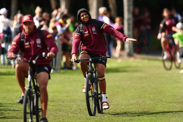 Happy place: Maroons winger Selwyn Cobbo.