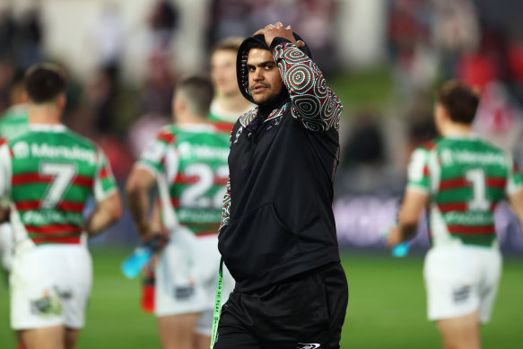 Latrell Mitchell on the field at Netstrata Jubilee Stadium after the Rabbitohs’ loss to the Dragons on Saturday afternoon.