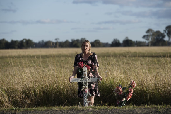 Michelle Underhill at the roadside memorial where her daughter, Elle, 4, was killed in a head-on crash near Casino in December 2015.