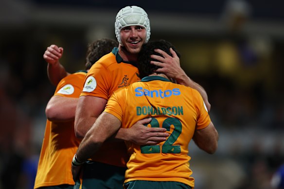 Josh Canham celebrates the win with Ben Donaldson.