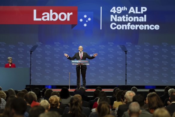 Prime Minister Anthony Albanese during the Australian Labor Party (ALP) National Conference in Brisbane on Friday.