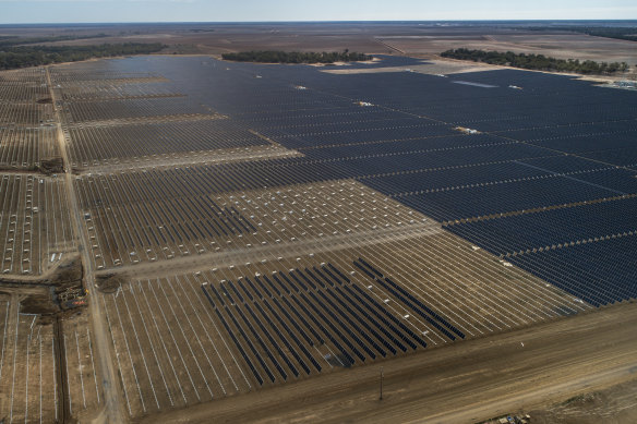 A solar farm under construction outside the township of Nevertire in western NSW.