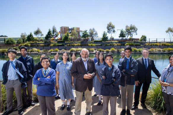 Principal Jacob Mathews with students and staff from Lighthouse Christian College Cranbourne.