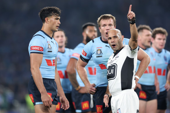 Suaalii is given his marching orders during his Origin debut.