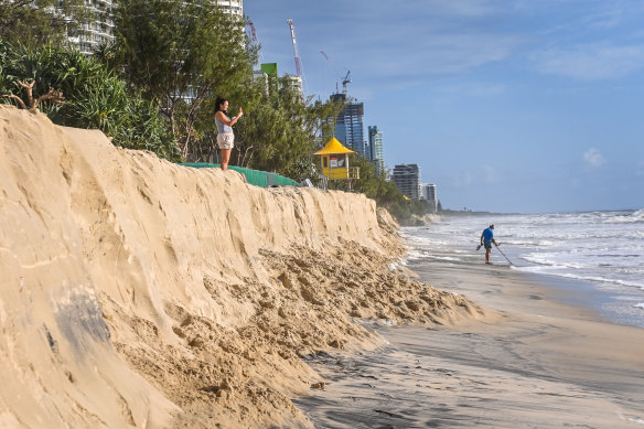 A view down the Gold Coast’s beaches showing the extent of the erosion.