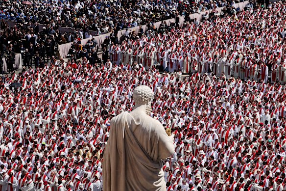 Members of the clergy attend the funeral of Pope Francis in St Peter’s Square.