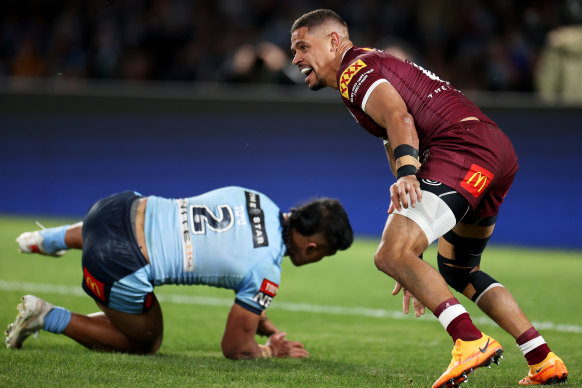 Dane Gagai celebrates a try in the 2022 State of Origin series.