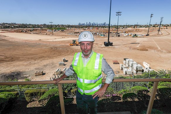 Moonee Valley Racing Club CEO Michael Browell above the home straight of the club’s new track.