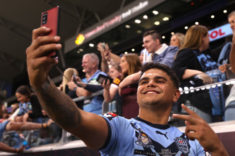 Something to smile about ... Latrell Mitchell will be watched by 80,000 at Stadium Australia for Origin III.