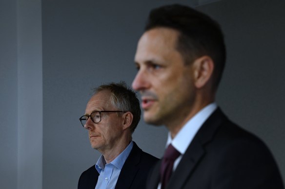 Transport for NSW Secretary Josh Murray (right) and John Holland CPB Contractors joint venture executive general manager of major projects Mark Davies on Monday.