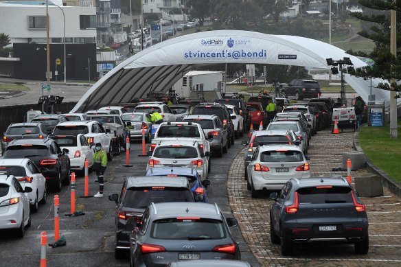 Cars queue at the Bondi Beach drive-through COVID-19 testing clinic. 