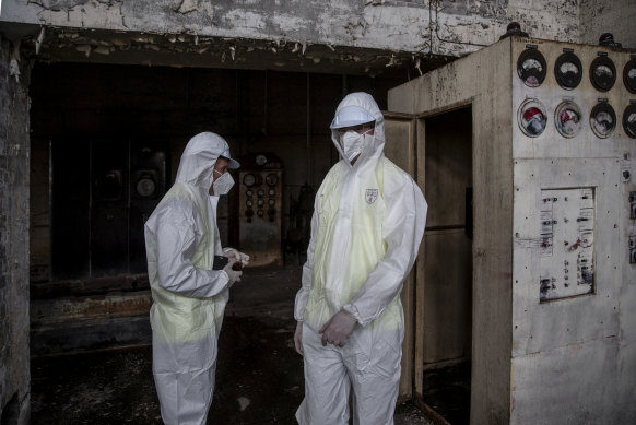 Planning Minister Rob Stokes and Treasurer Dominic Perrottet inside the White Bay Power Station on Tuesday.