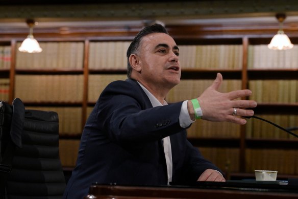 John Barilaro giving evidence during the inquiry into his appointment as senior trade and investment commissioner to the Americas. 