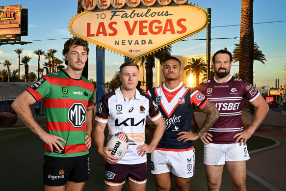 Souths centre Campbell Graham, Brisbane hooker Billy Walters, Roosters forward Spencer Leniu and Manly’s Aaron Woods in Las Vegas on a promotional trip.