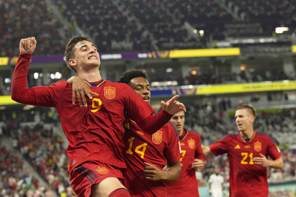 Gavi celebrates scoring the fifth goal in Spain’s 7-0 win over Costa Rica.