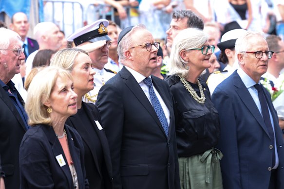 Prime Minister Anthony Albanese at the Bondi Beach vigil on December 21 with antisemitism envoy Jillian Segal, his wife Jodie Heydon and Governor-General Samantha Mostyn. 