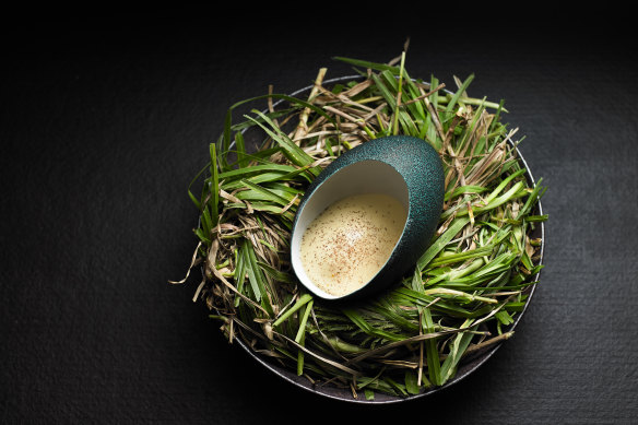 An Attica dessert, whipped emu egg with quandong.