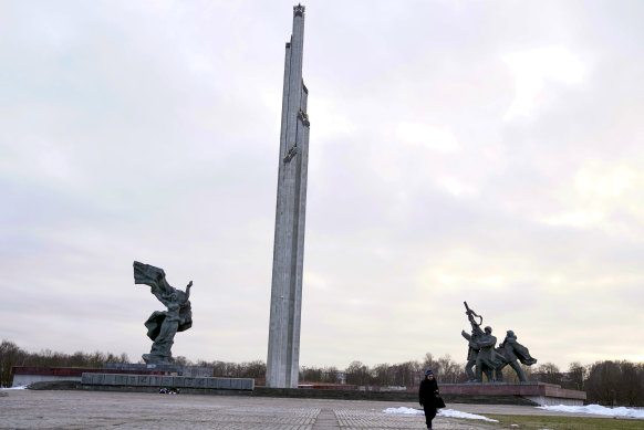 The Monument to the Liberators of Soviet Latvia and Riga from the German Fascist Invaders stands, in Riga, Latvia.