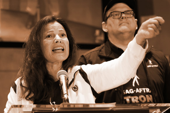 Actor Fran Drescher, who is president of SAG-AFTRA, during a press conference announcing the strike on July 13, 2023, in Los Angeles.  