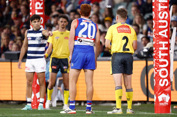 Tyson Stengle lines up his shot for goal after the ball was brought back when the video review awarded him a mark on the goal line.