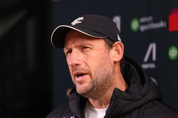 Blues coach Josh Fraser speaks to the media on Thursday.